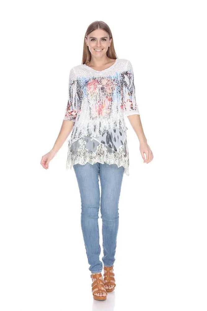 Women's Floral Lace Tunic Top with Three-Quarter Sleeves