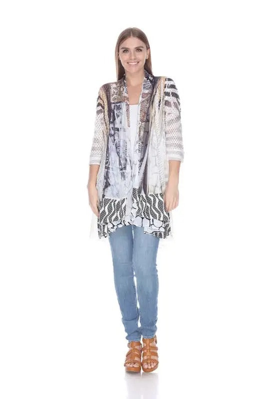 Women's Mixed Print Open Front Cardigan with Tassel Hem
