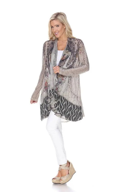 Women's Mixed Pattern Open Front Cardigan with Geometric Detail