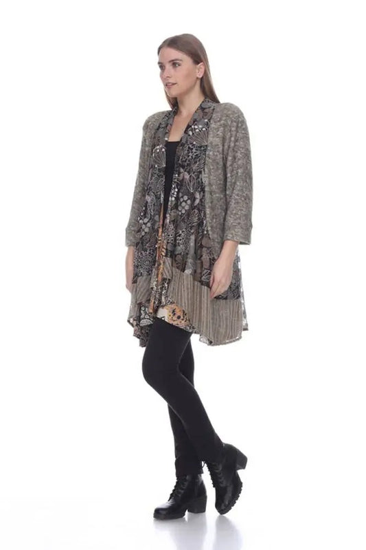 Women's Mixed Print Open Front Cardigan with Layered Design