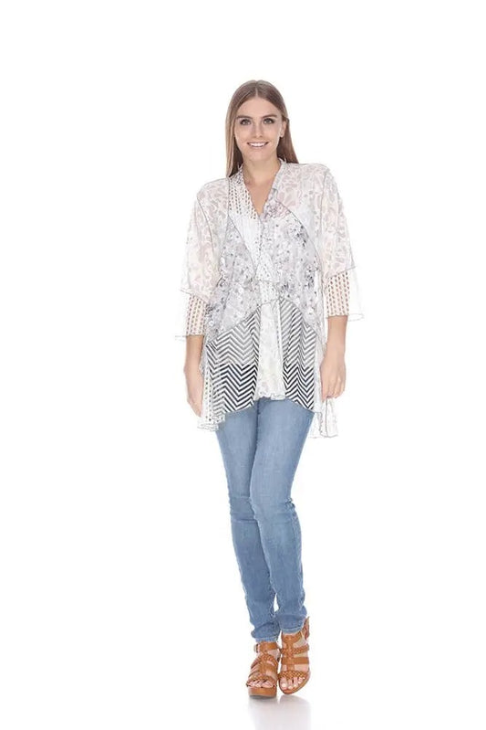 Women's Lace and Chevron Open Front Cardigan