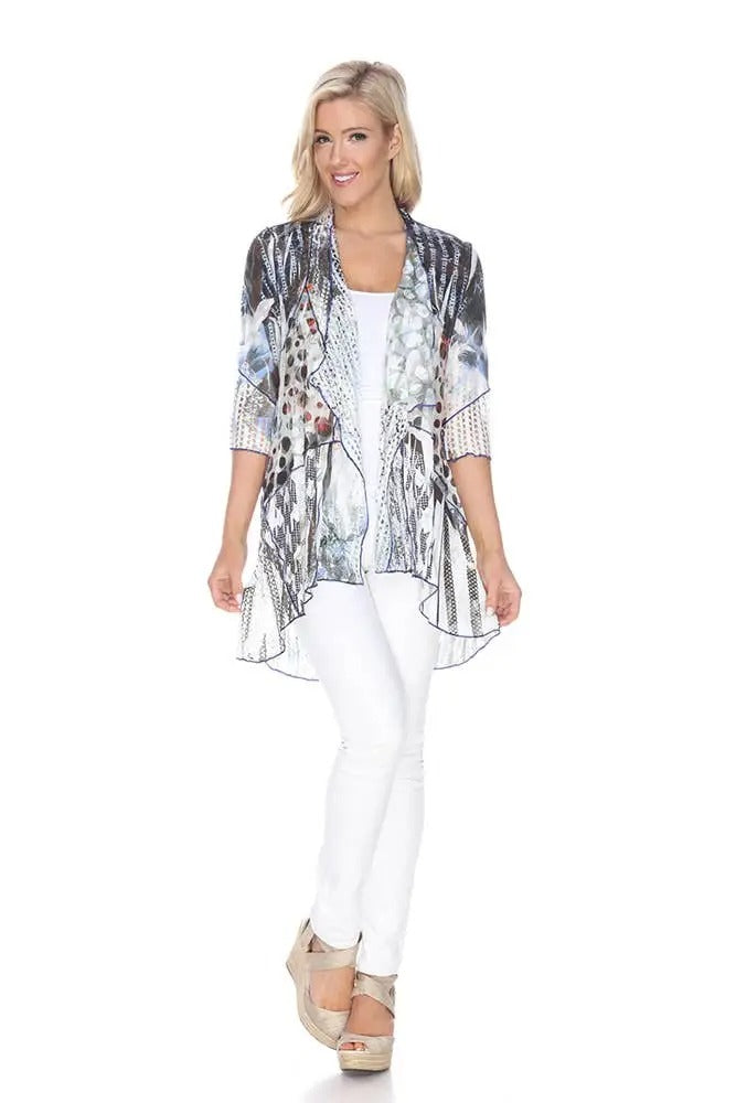 Women's Patchwork Print Open Front Cardigan with 3/4 Sleeves