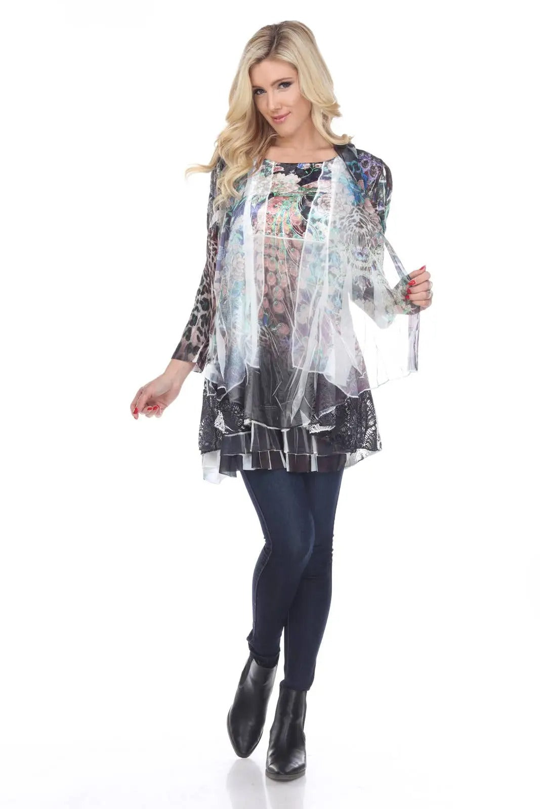 Women's Mixed Print Tunic with Sheer Overlay