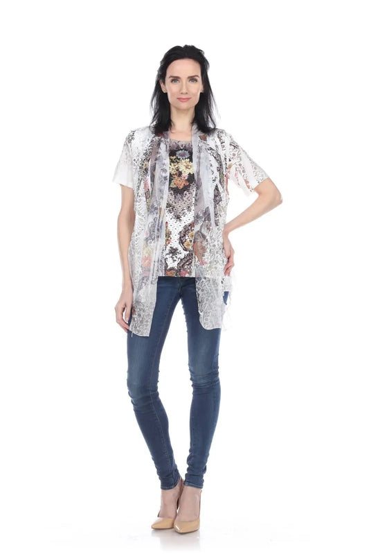 Women's White Lace Open Front Cardigan with Floral Print Scarf