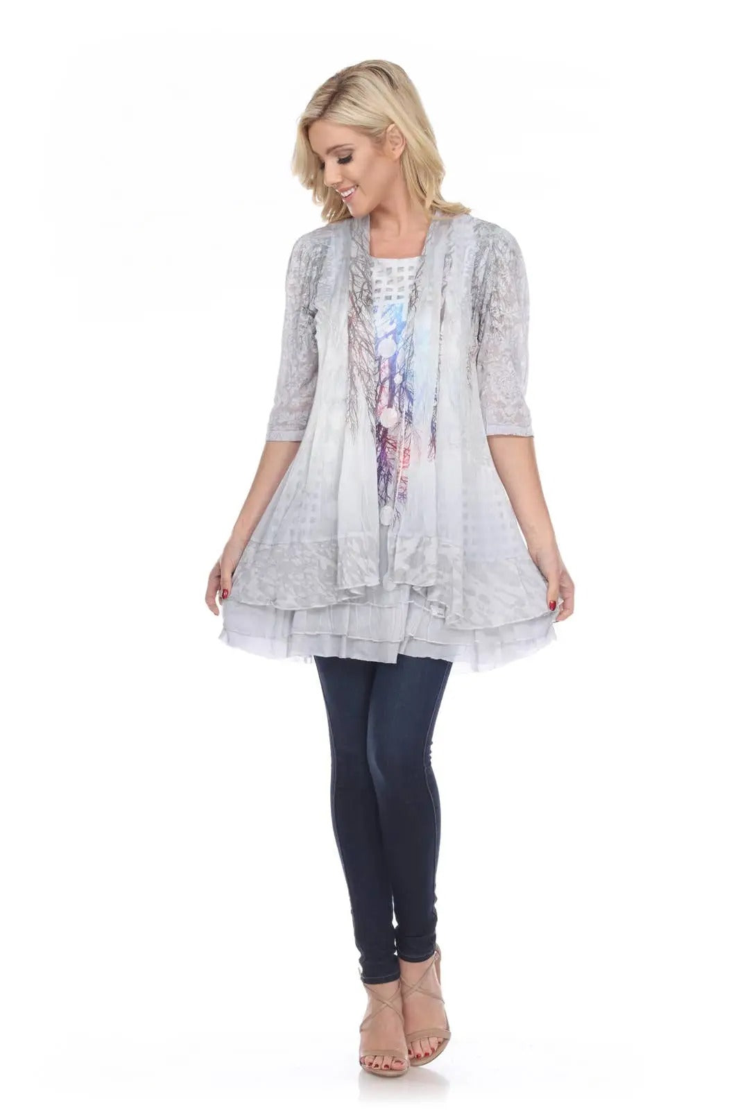 Women's Layered Lace Tunic with Floral Graphic Print