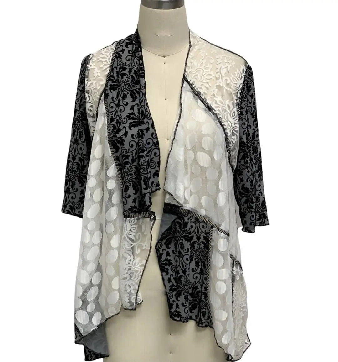 Women's Open Front Patchwork Cardigan with Black and White Damask Pattern
