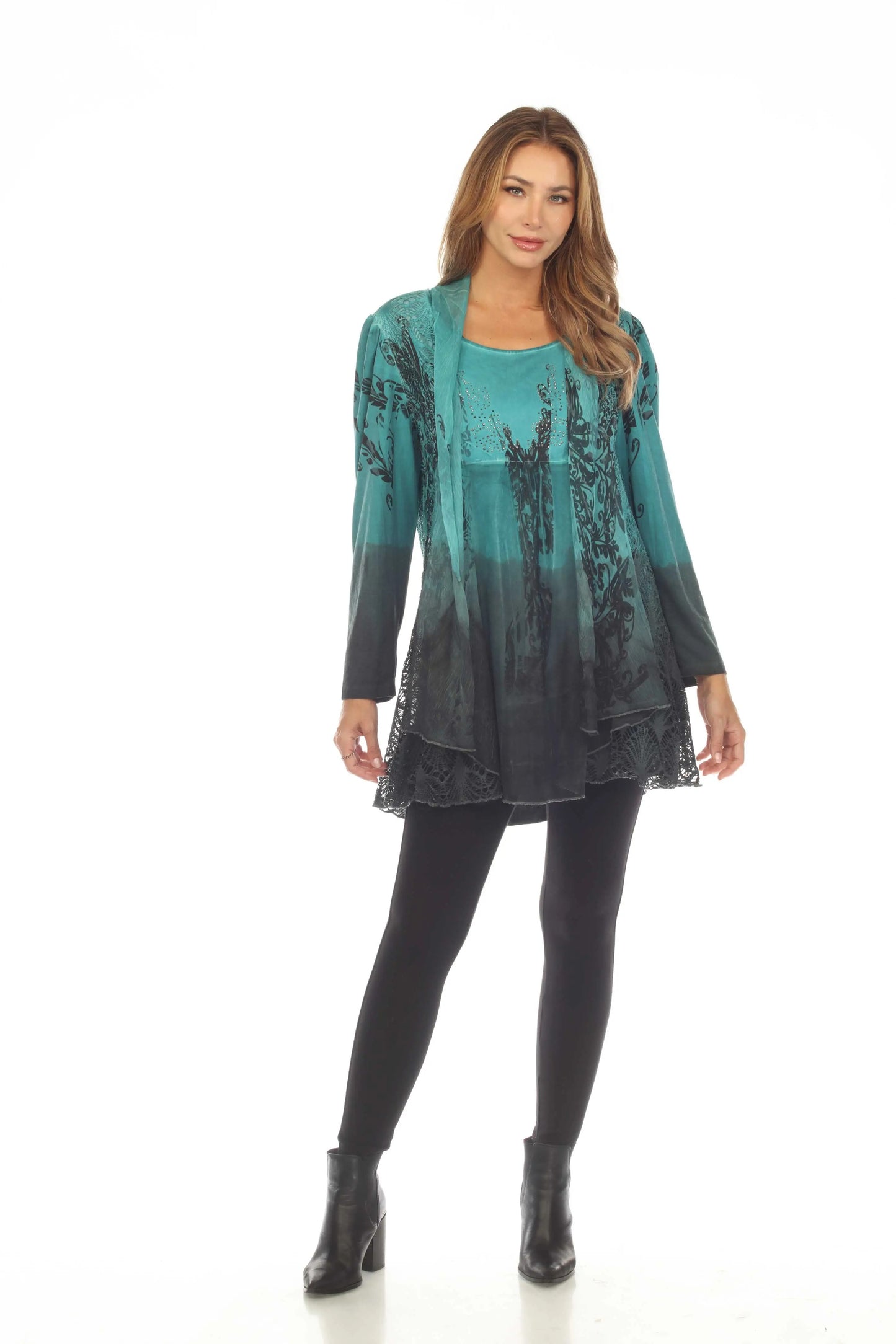 Women's Ombre Tie-Dye Cardigan with Lace Trim