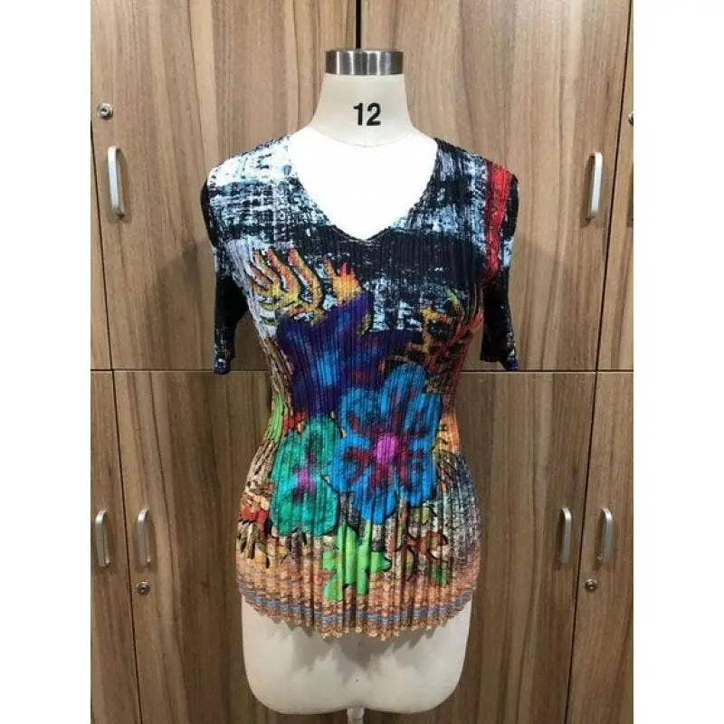 Women's Colorful Floral Sequin Pleated Blouse