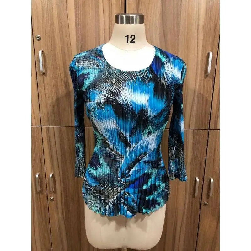 Women's Blue Abstract Print Ruched 3/4 Sleeve Blouse
