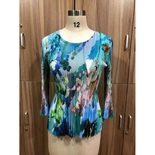 Women's Pleated Floral Print Blouse with Three-Quarter Sleeves