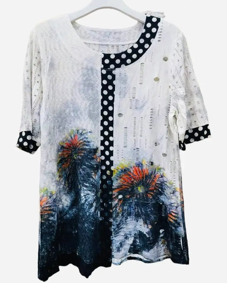 Women's Sunflower Print Tunic with Polka Dot Trim