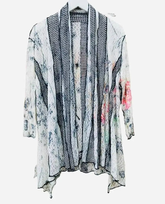 Women's Floral Print Lightweight Cardigan with Textured Knit Panel
