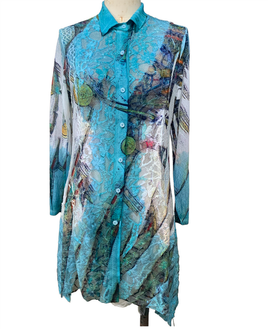 Women's Multi-Color Abstract Patchwork Button-Front Tunic