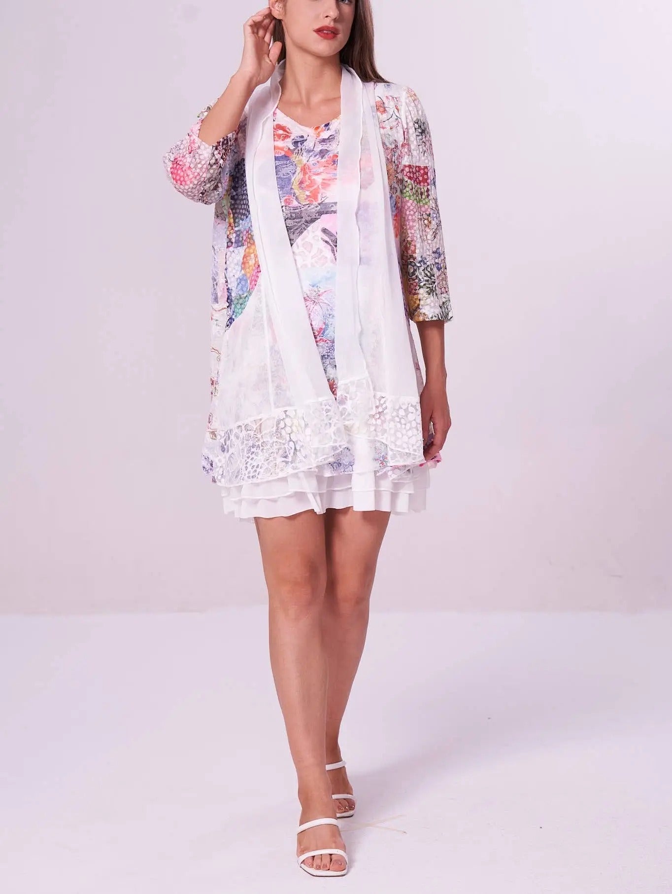 Women's Floral Lace Cardigan Dress with Layered White Slip