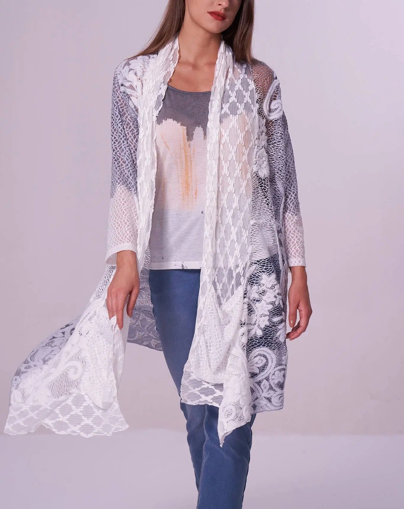Women's White Lace Open Front Cardigan with Mixed Textures