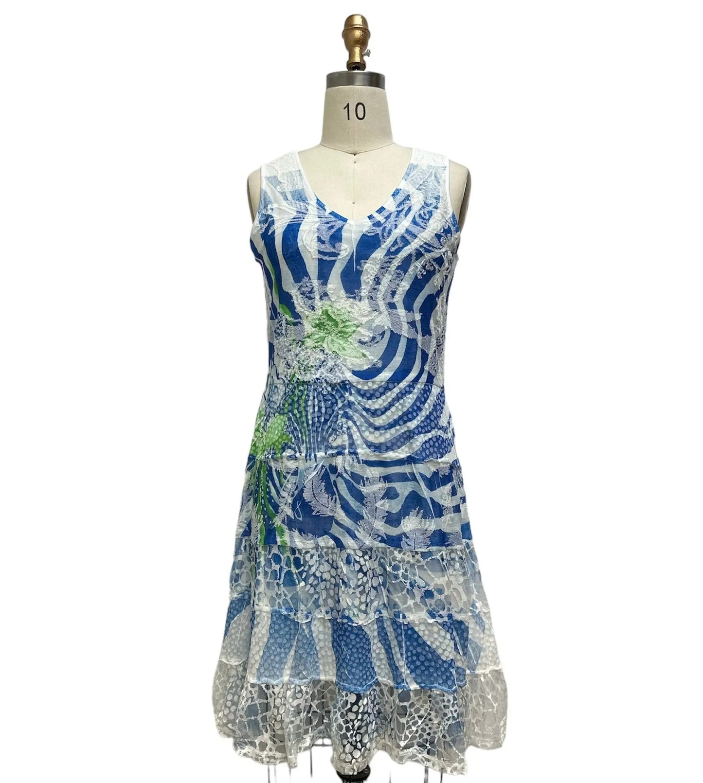 Women's Blue and White Abstract Print Lace Drop Waist Dress