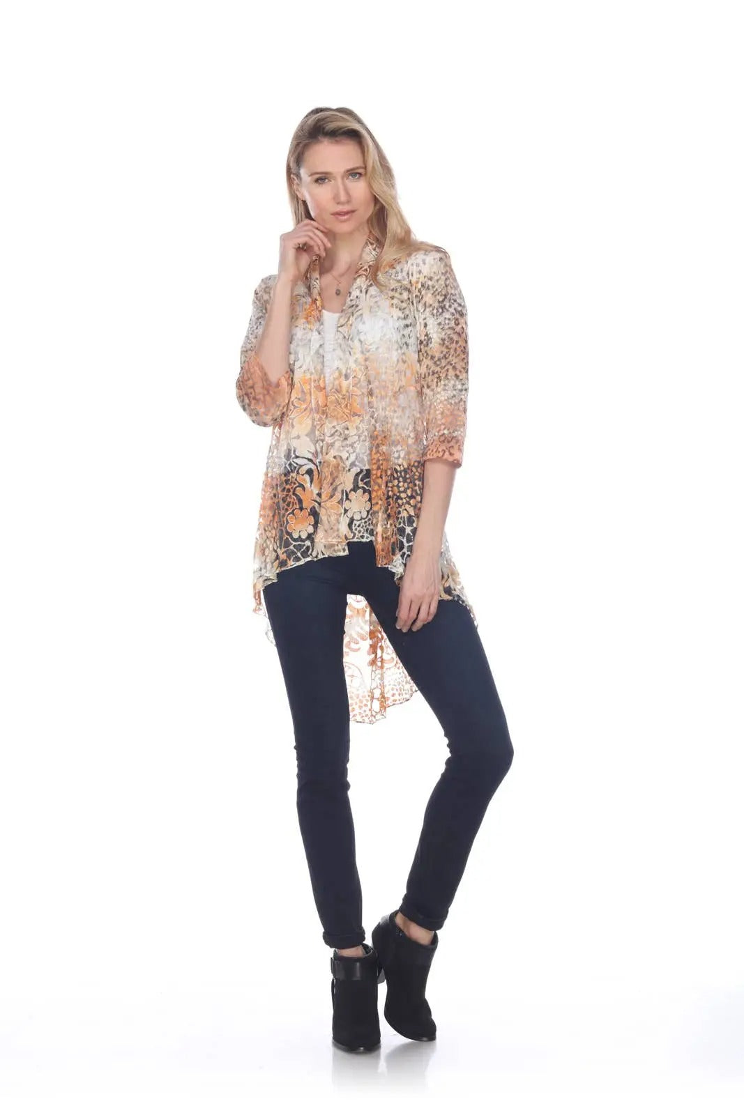 Women's Patterned Open-Front Cardigan with Lace Overlay