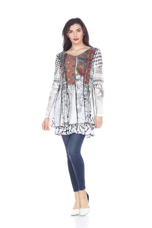 Women's Mixed Pattern Tunic Blouse with Long Sleeves