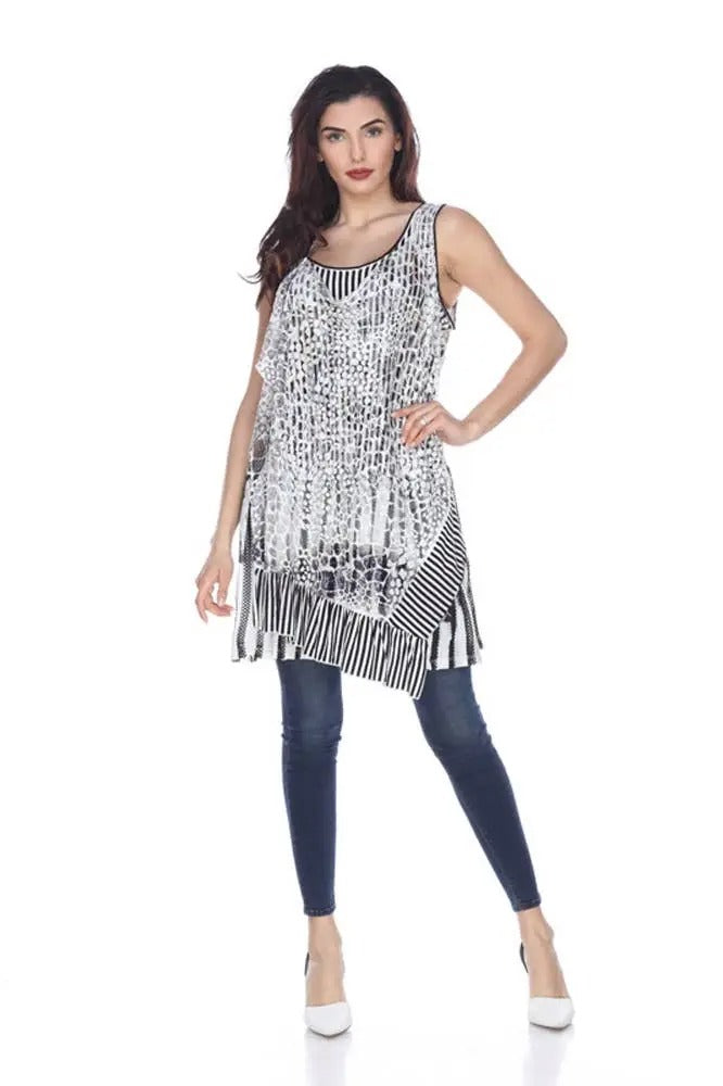Women's Sequin and Striped Tunic Tank Top with Fringe Hem
