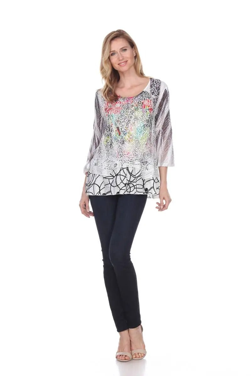 Women's Colorful Paisley Print Tunic with Striped Sleeves