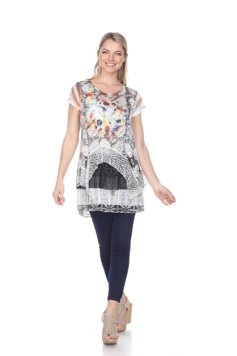 Women's Mixed Print Floral Tunic Top with Lace Hem