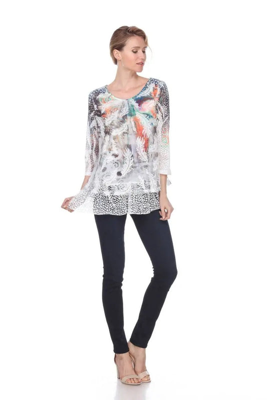 Women's Colorful Feather Print Tunic with Mixed Pattern Hem