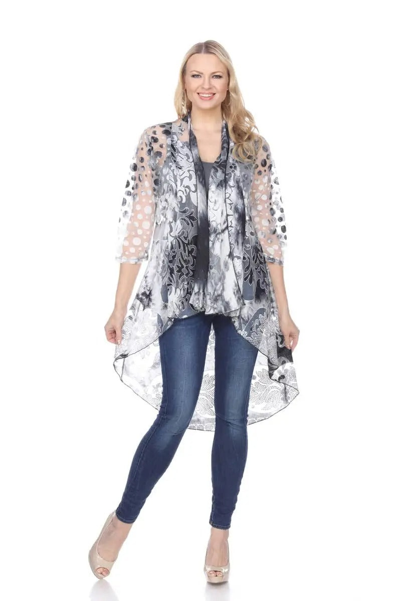 Women's Patterned Open Front Cardigan with Scarf Detail
