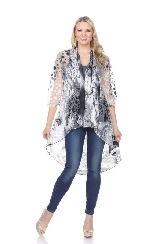 Women's Patterned Open Front Cardigan with Scarf Detail