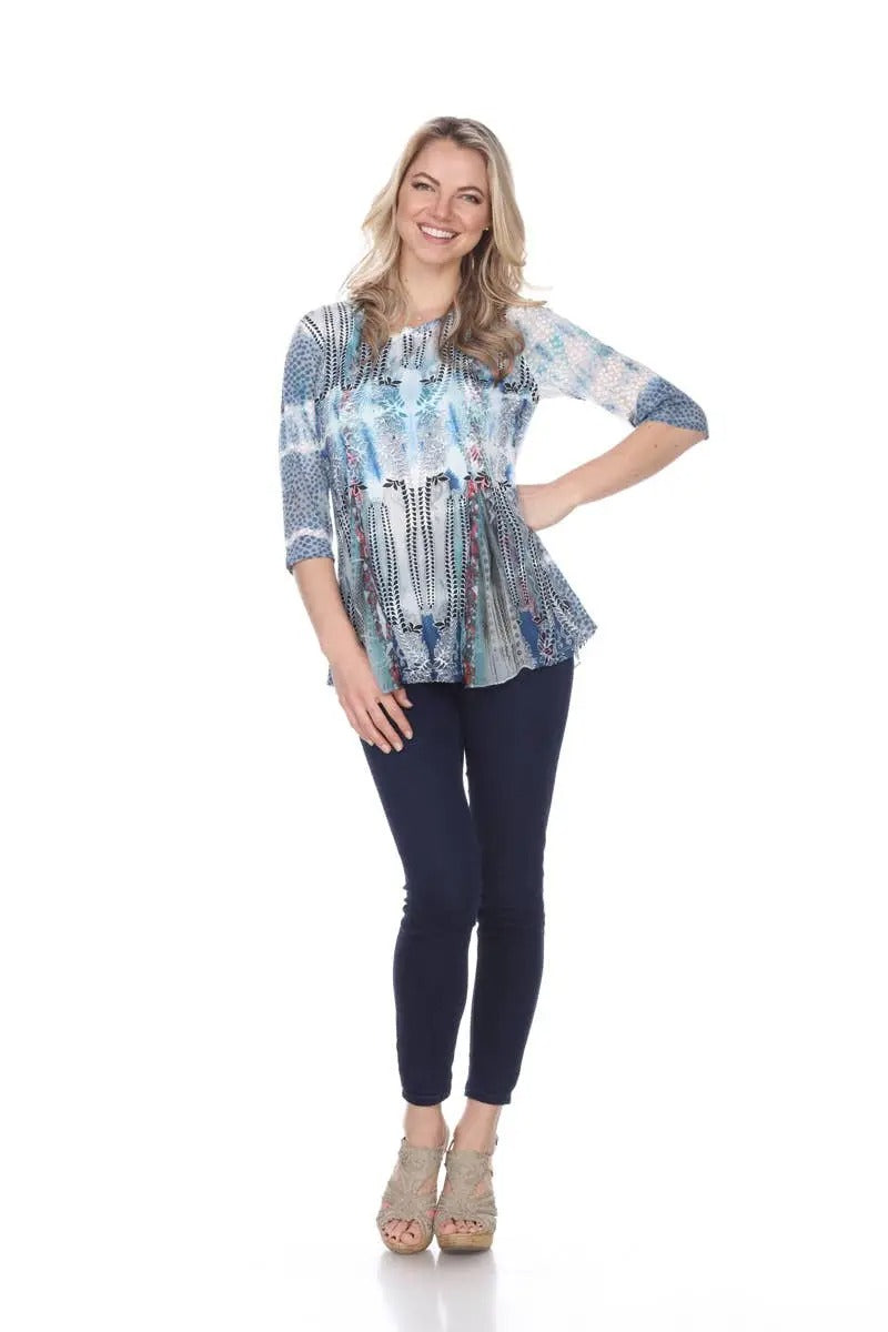 Women's Patchwork Print Tunic Blouse with Three-Quarter Sleeves