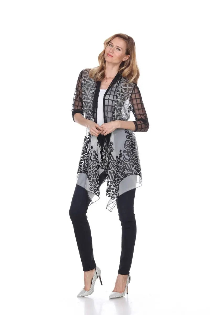 Women's Mixed Pattern Open-Front Cardigan with Sheer Sleeves