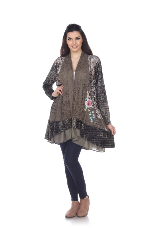 Women's Taupe Floral Embroidered Open-Front Cardigan
