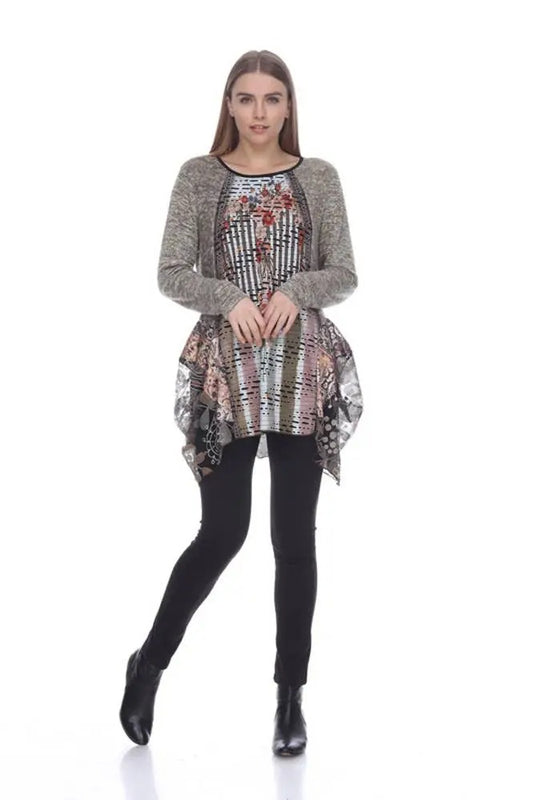 Women's Mixed Print Tunic with Gray Cardigan Set