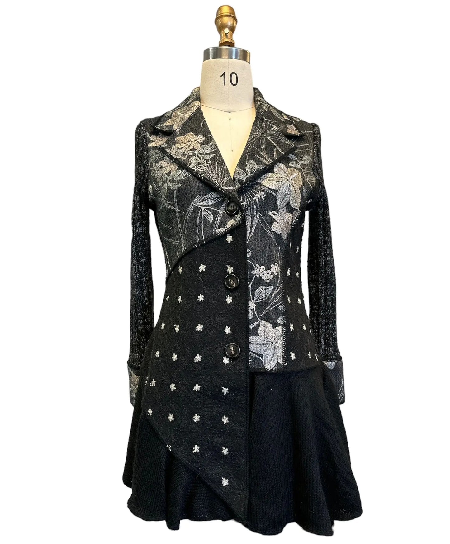 Women's Black Floral Jacquard Double-Breasted Coat Dress