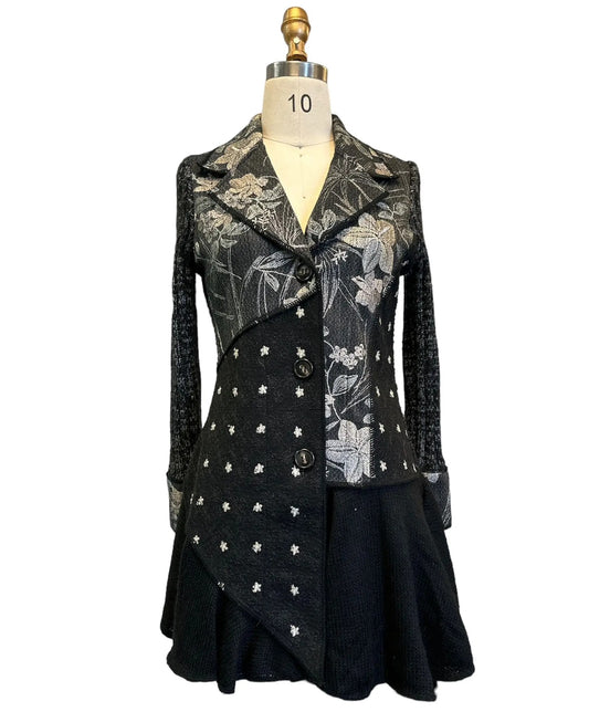 Women's Black Floral Jacquard Double-Breasted Coat Dress