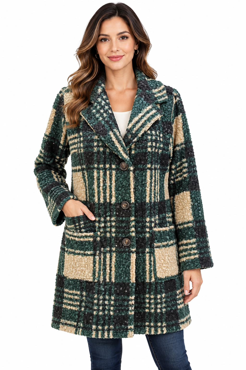 Women's Teal Multi Three Button Plaid Jacket Coat