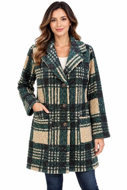 Women's Teal Multi Three Button Plaid Jacket Coat