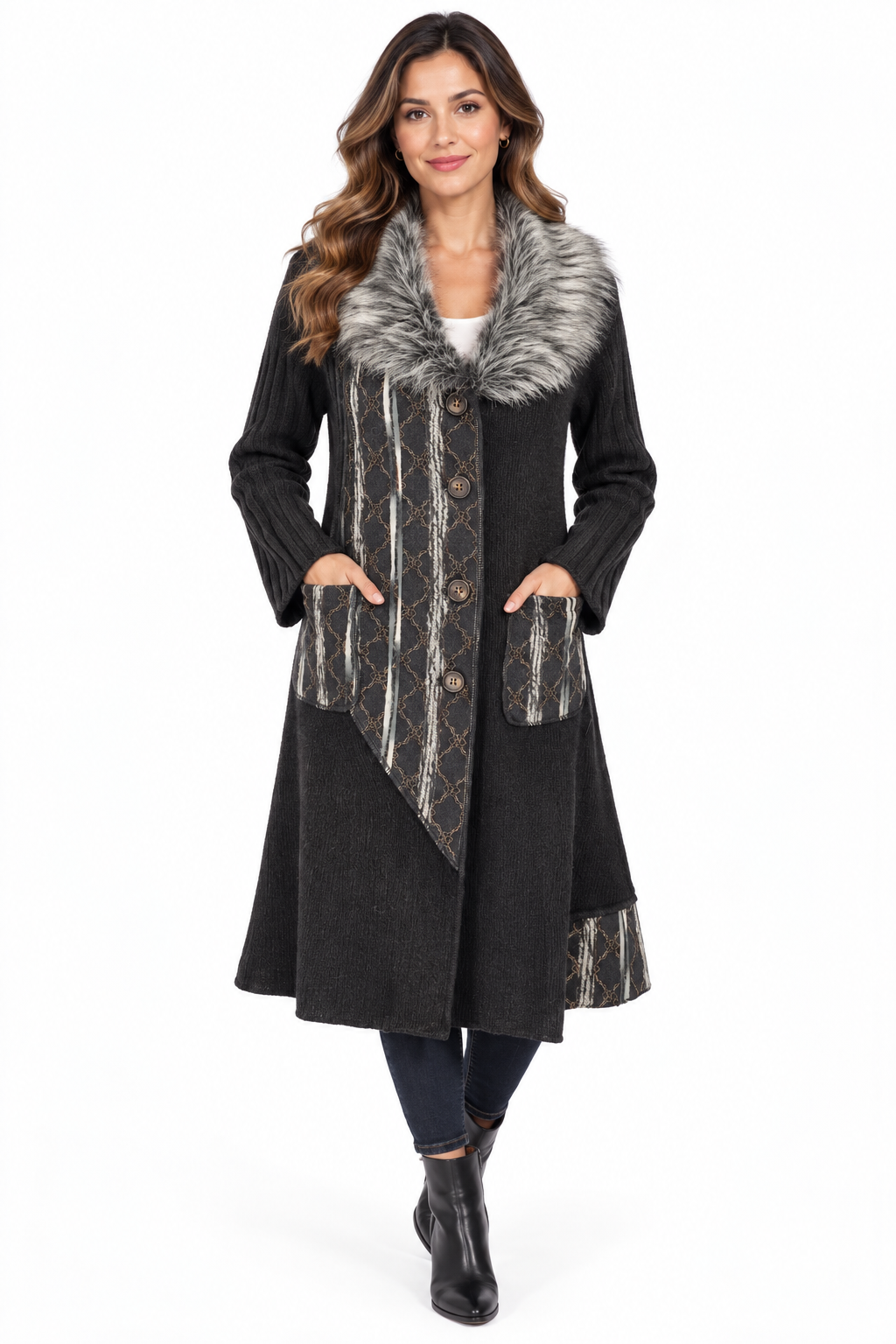 Women Black and white patch fur neck jacket Coat