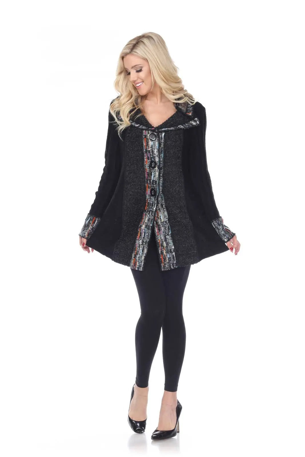 Women's Black Button-Front Cardigan with Patterned Trim