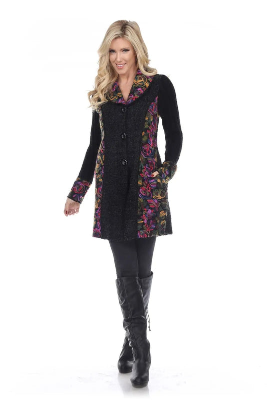 Women's Floral Button-Front Coat Dress with Contrasting Sleeves