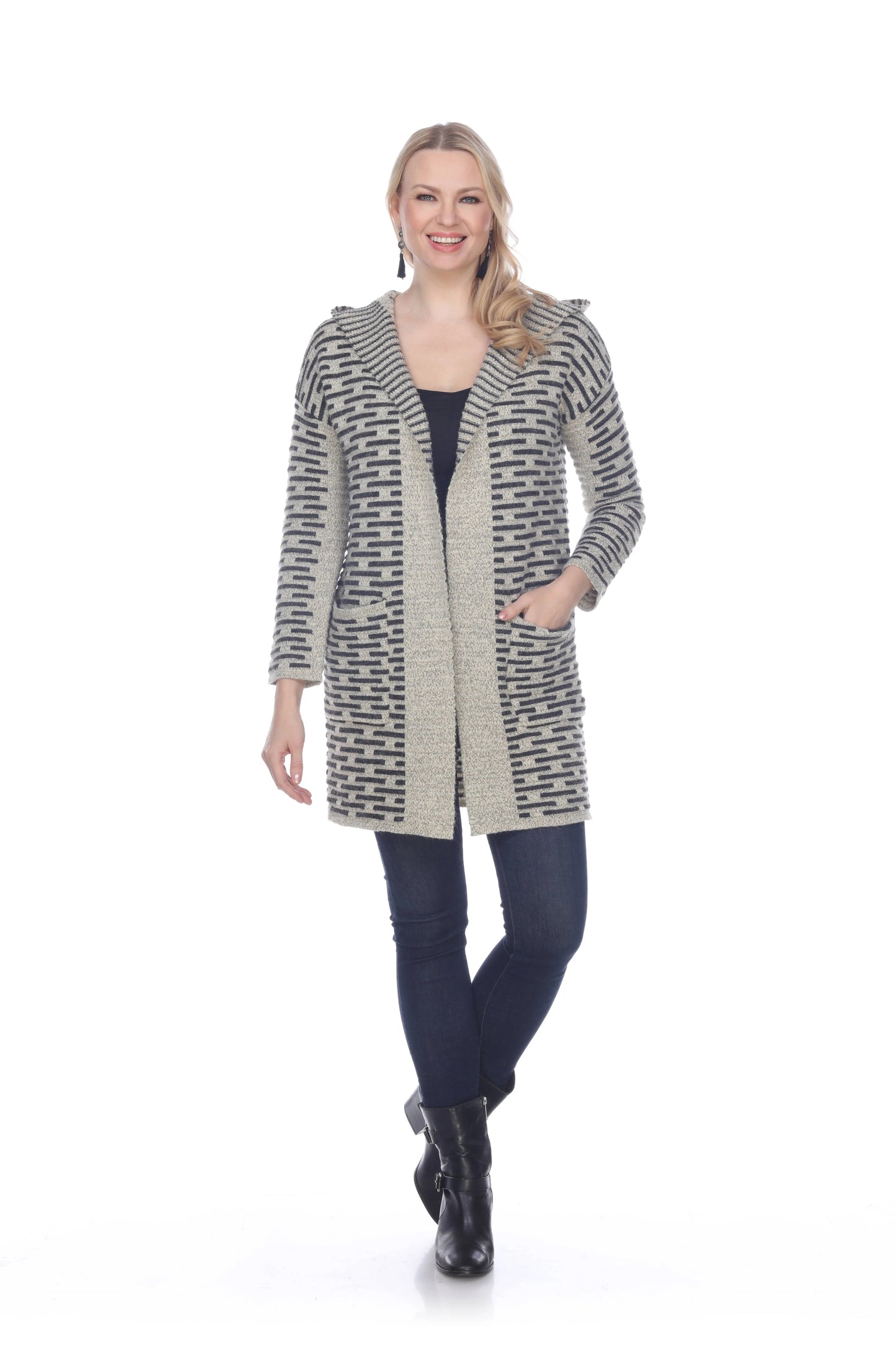 Women's Striped Open Front Cardigan with Pockets