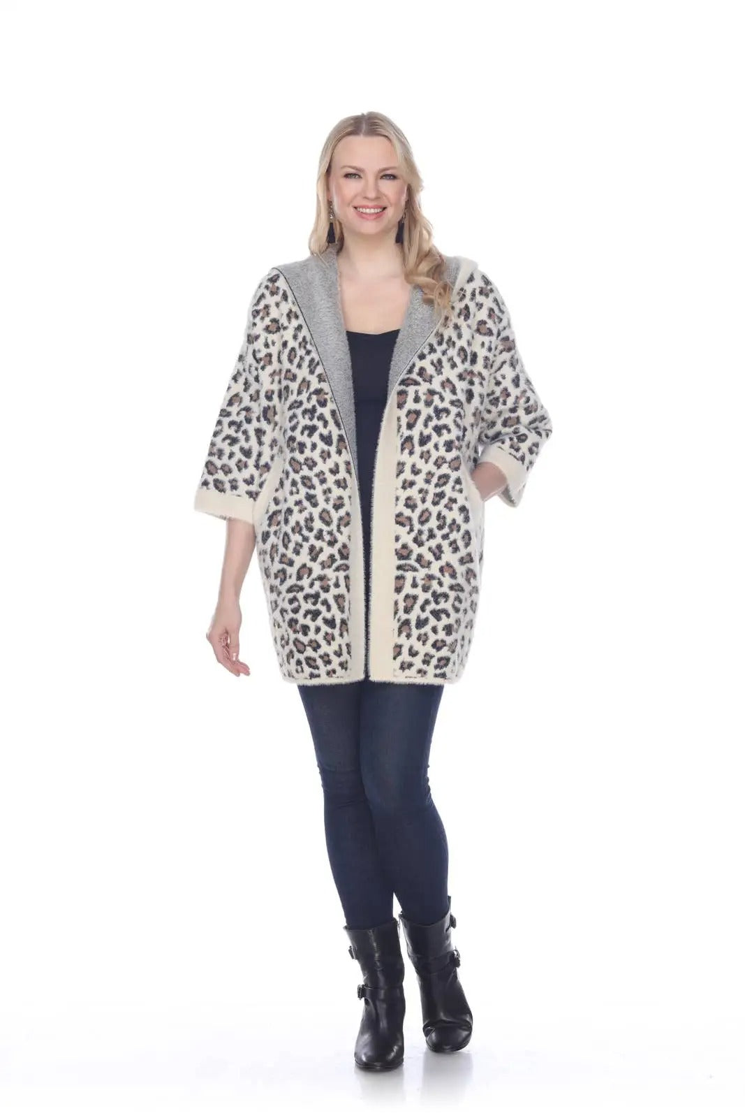 Women's Leopard Print Open Front Cardigan with Gray Trim