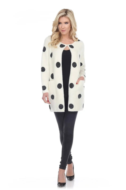 Women's Polka Dot Open Front Cardigan with Black Trim