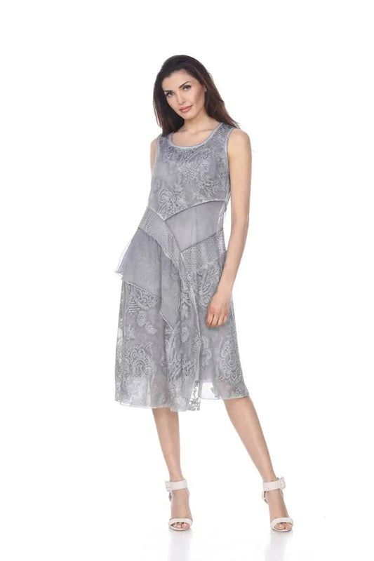 Women's Gray Lace Midi Dress with Layered Mesh Details