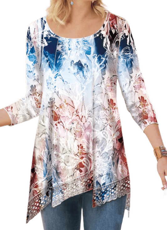 Women's Floral Print Tunic with Asymmetrical Hem