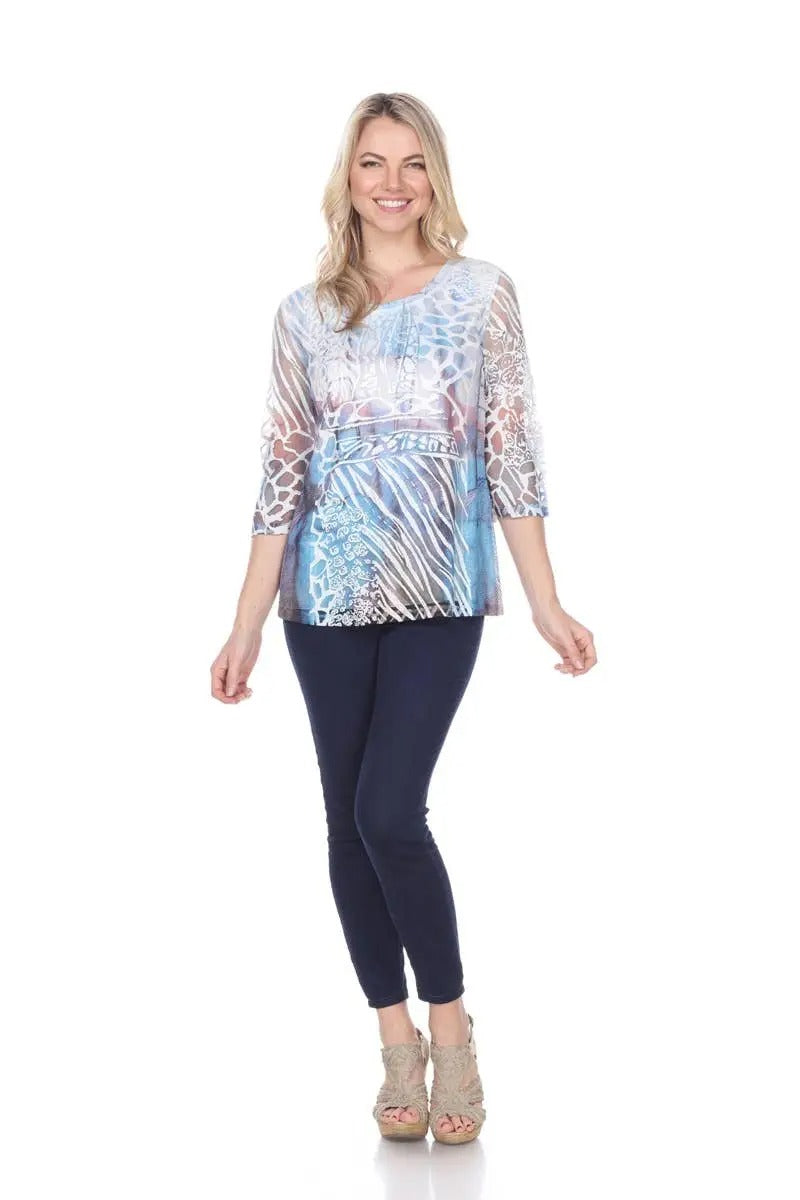 Women's Blue and Purple Geometric Print Tunic with Lace Sleeves