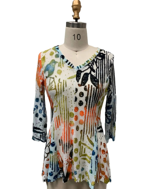 Women's Multi-Color Abstract Print A-Line Dress with Three-Quarter Sleeves