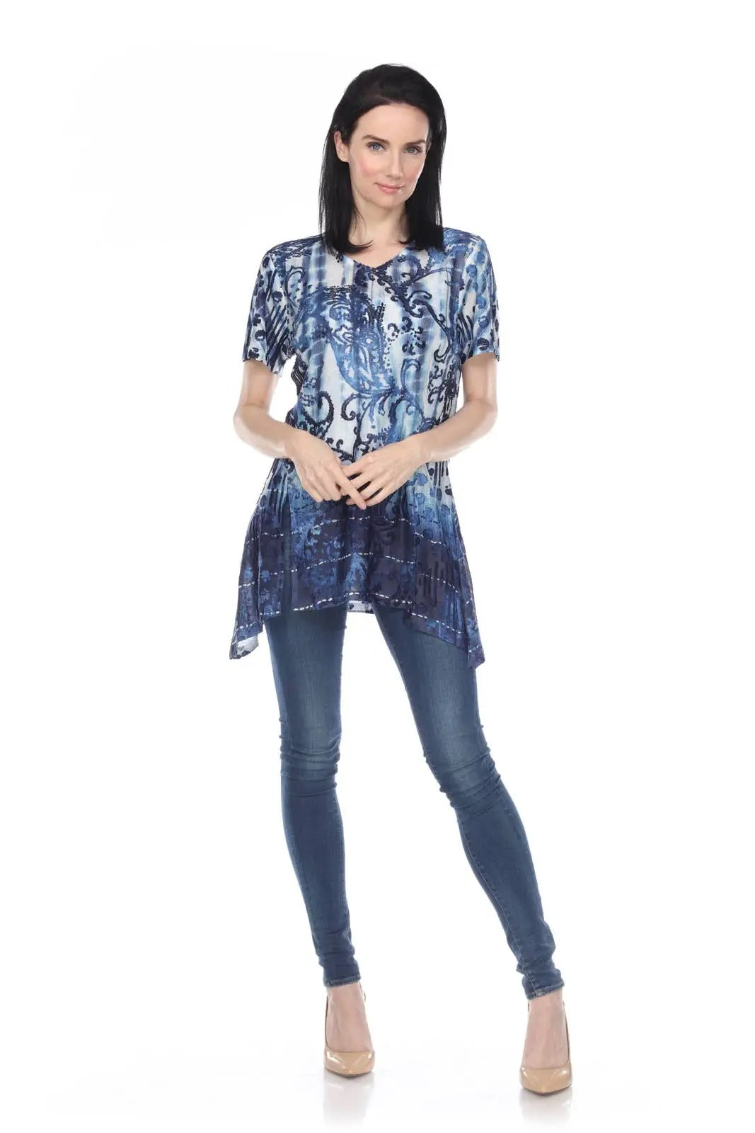 Women's Blue Paisley Print Asymmetrical Tunic Top