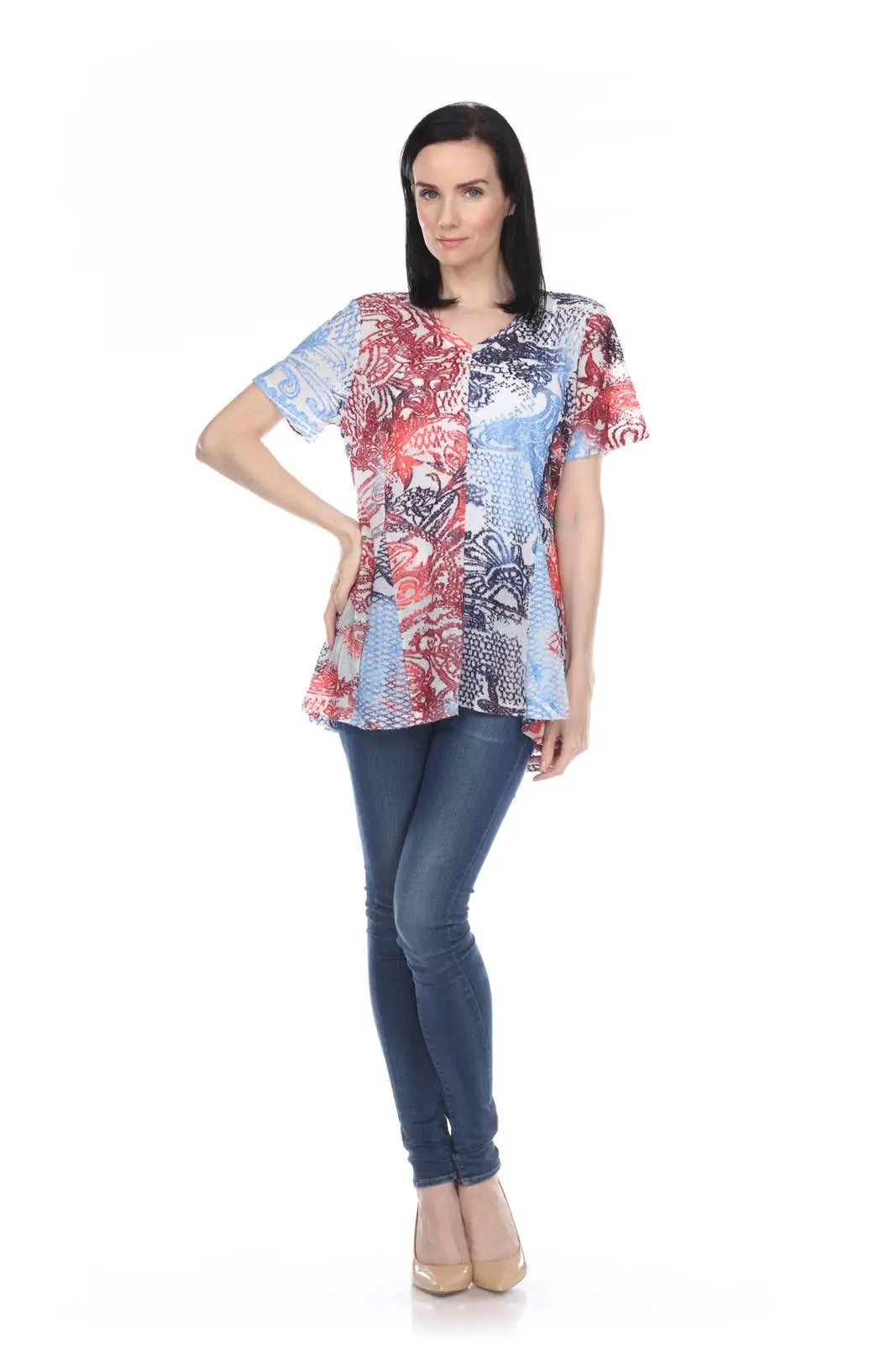 Women's Patchwork Print Short Sleeve Tunic Top
