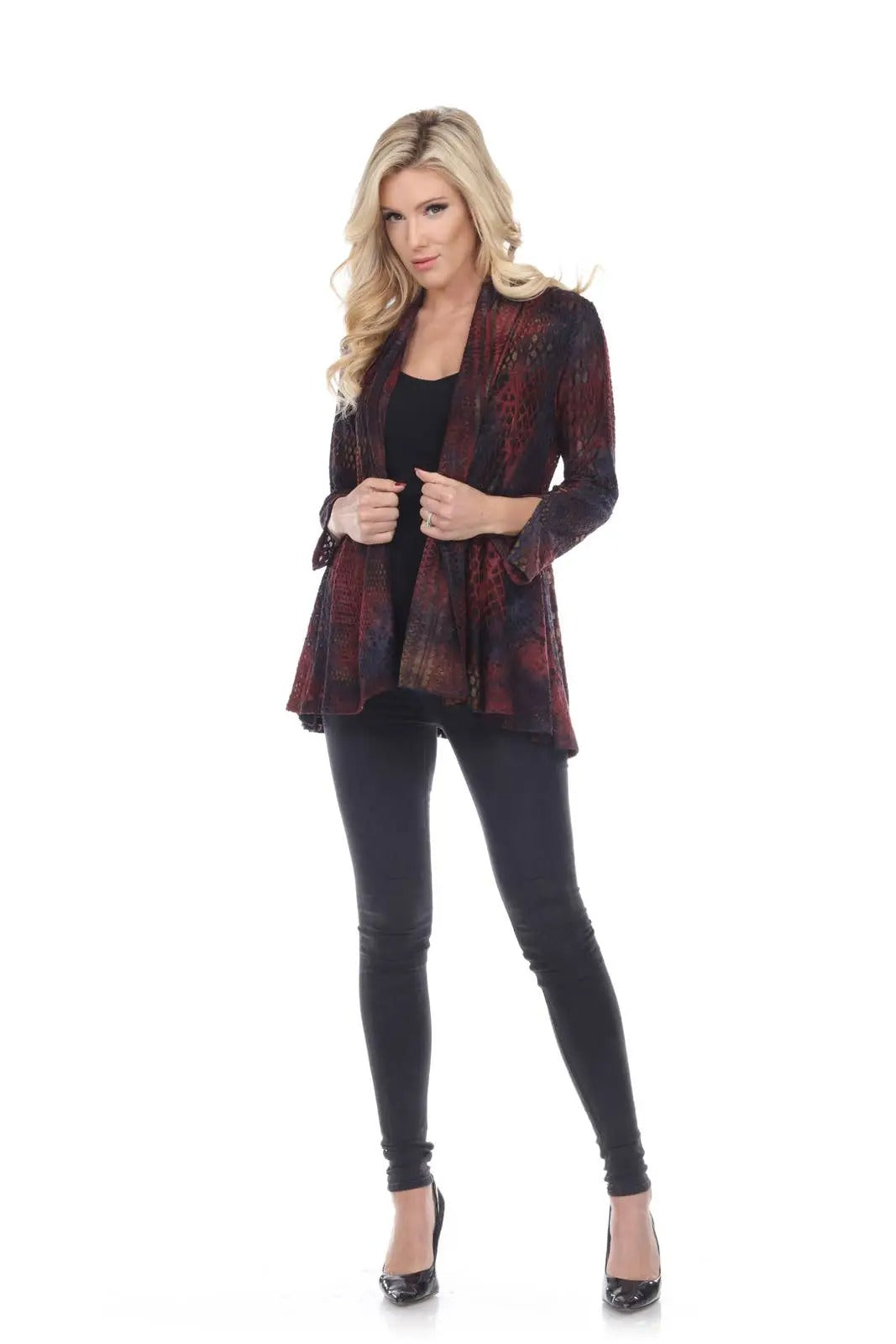 Women's Burgundy Patterned Open Front Cardigan
