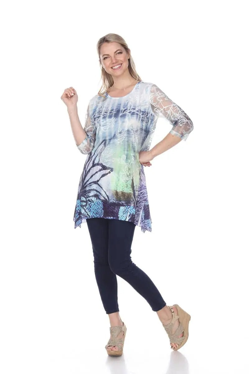 Women's Multicolor Watercolor Print Tunic with Lace Sleeves